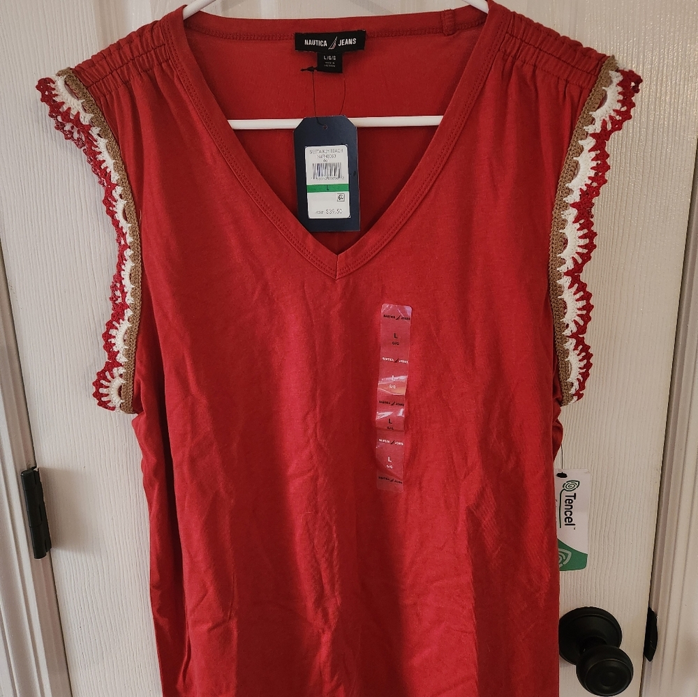 Nautica Red Cream Tank Top with V-Neck